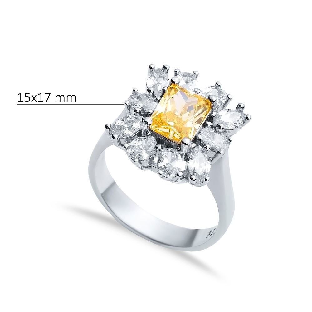 Rectangle Citrine CZ Stone Wholesale 925 Silver Cluster Ring