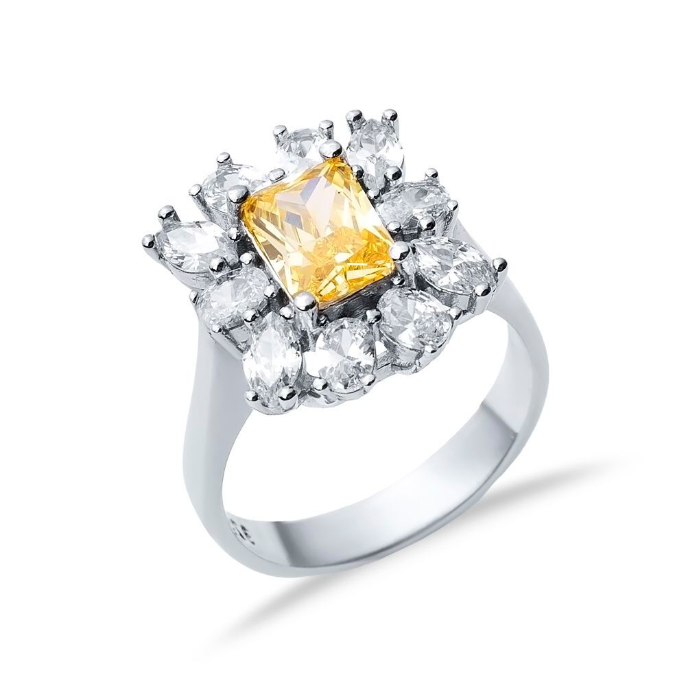 Rectangle Citrine CZ Stone Wholesale 925 Silver Cluster Ring