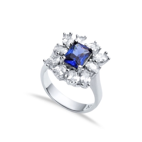 Rectangle Sapphire CZ Stone Wholesale 925 Silver Cluster Ring