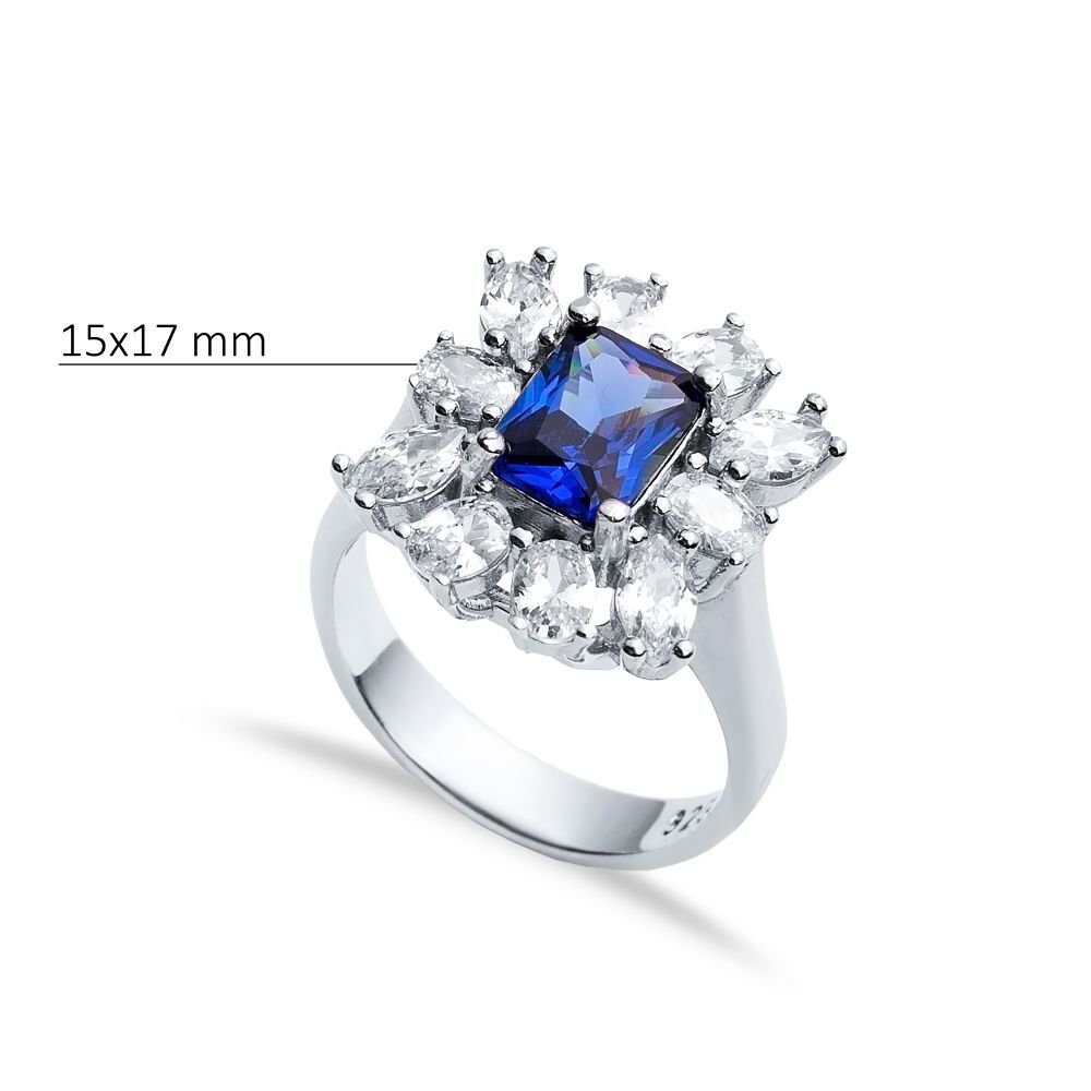 Rectangle Sapphire CZ Stone Wholesale 925 Silver Cluster Ring