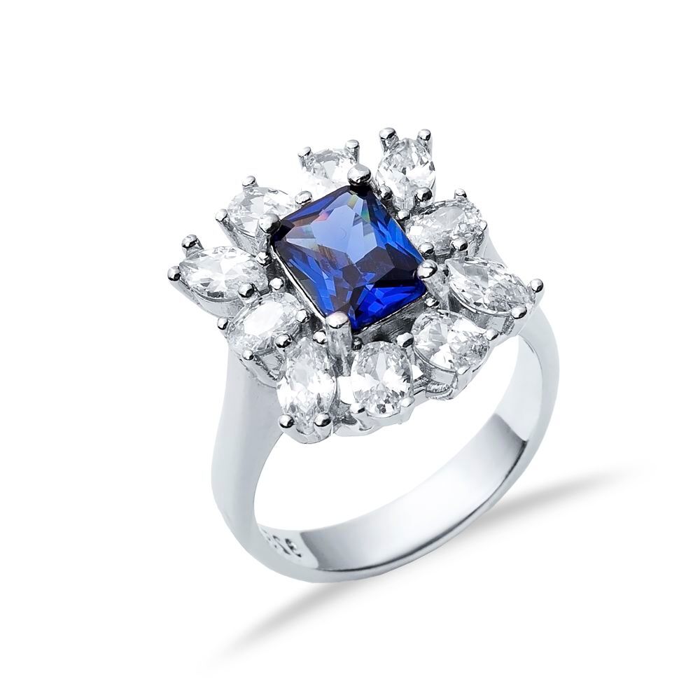 Rectangle Sapphire CZ Stone Wholesale 925 Silver Cluster Ring