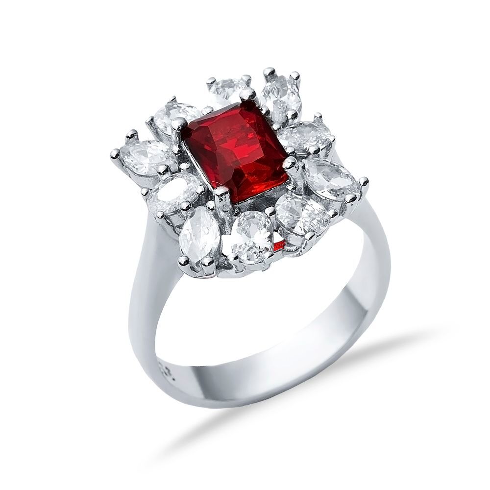 Rectangle Garnet CZ Stone Wholesale 925 Silver Cluster Ring