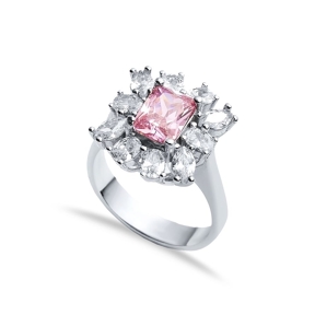 Rectangle Pink CZ Stone Wholesale 925 Silver Cluster Ring