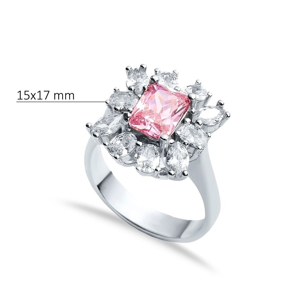 Rectangle Pink CZ Stone Wholesale 925 Silver Cluster Ring