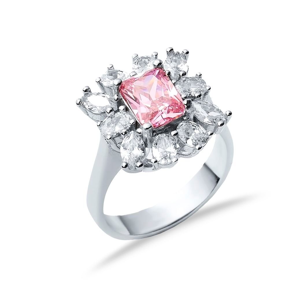 Rectangle Pink CZ Stone Wholesale 925 Silver Cluster Ring