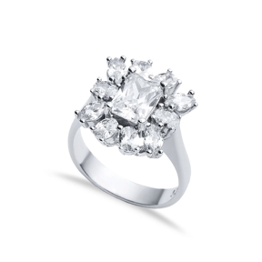 Rectangle Clear Zircon Stone Wholesale 925 Silver Cluster Ring