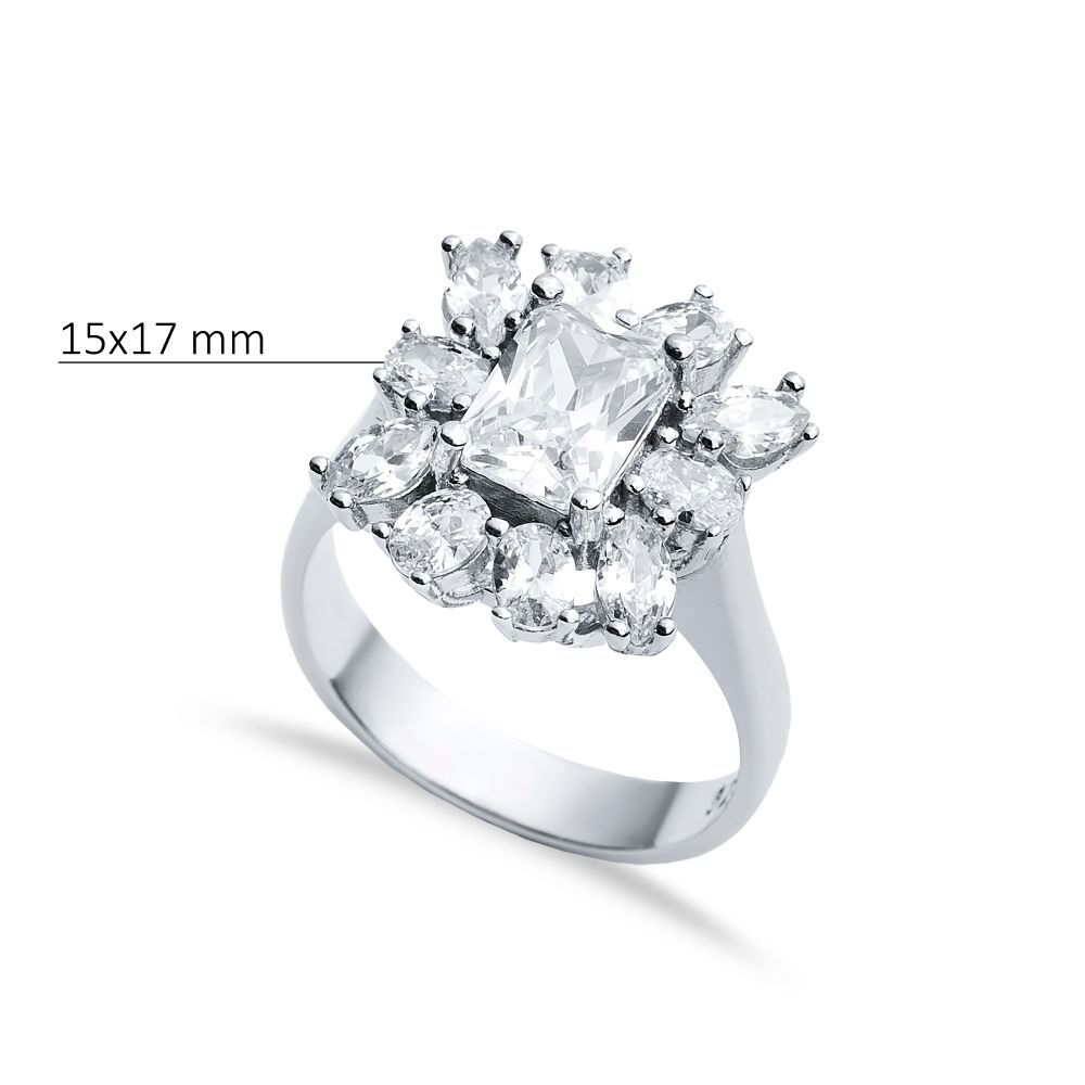 Rectangle Clear Zircon Stone Wholesale 925 Silver Cluster Ring