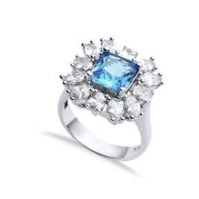 Rectangle Aquamarine CZ Stone Wholesale 925 Silver Cluster Ring