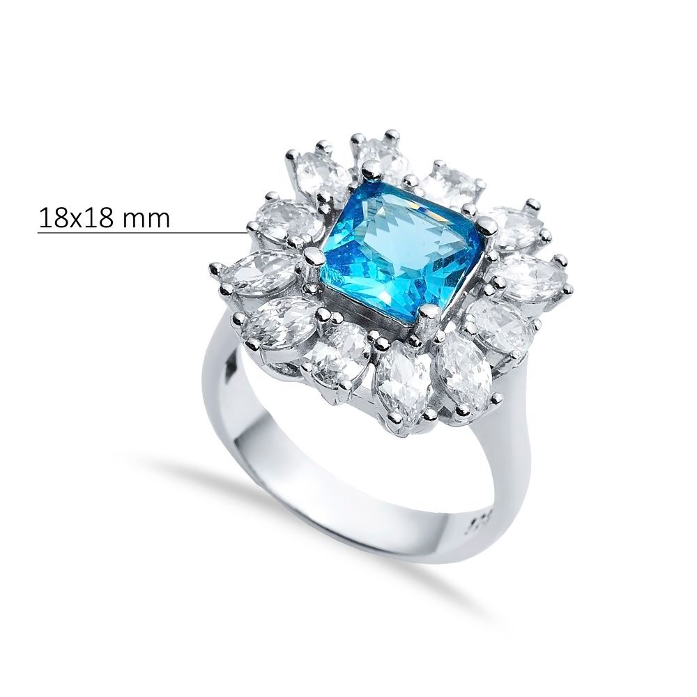 Rectangle Aquamarine CZ Stone Wholesale 925 Silver Cluster Ring