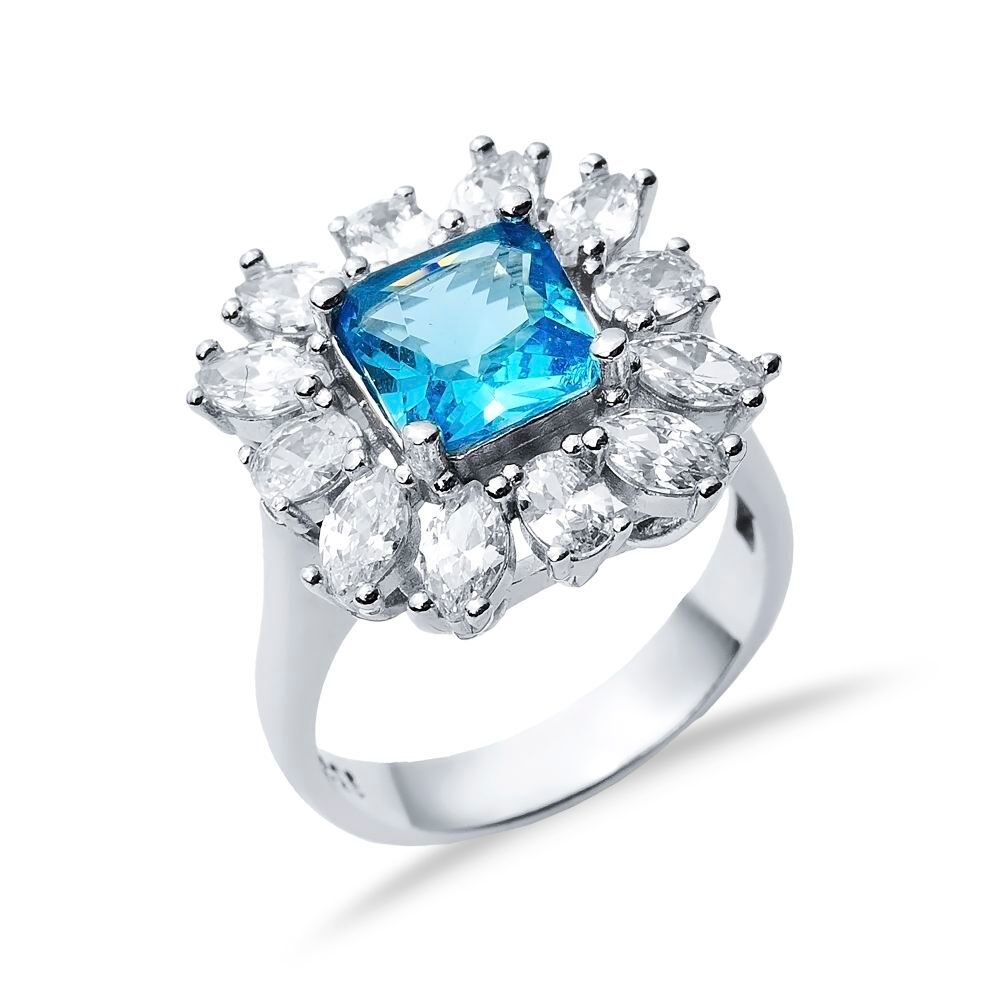 Rectangle Aquamarine CZ Stone Wholesale 925 Silver Cluster Ring