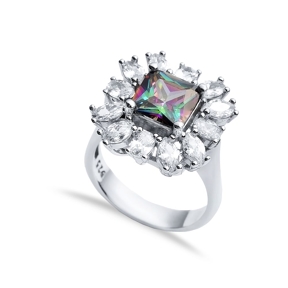 Rectangle Mystic Topaz CZ Stone 925 Silver Cluster Ring