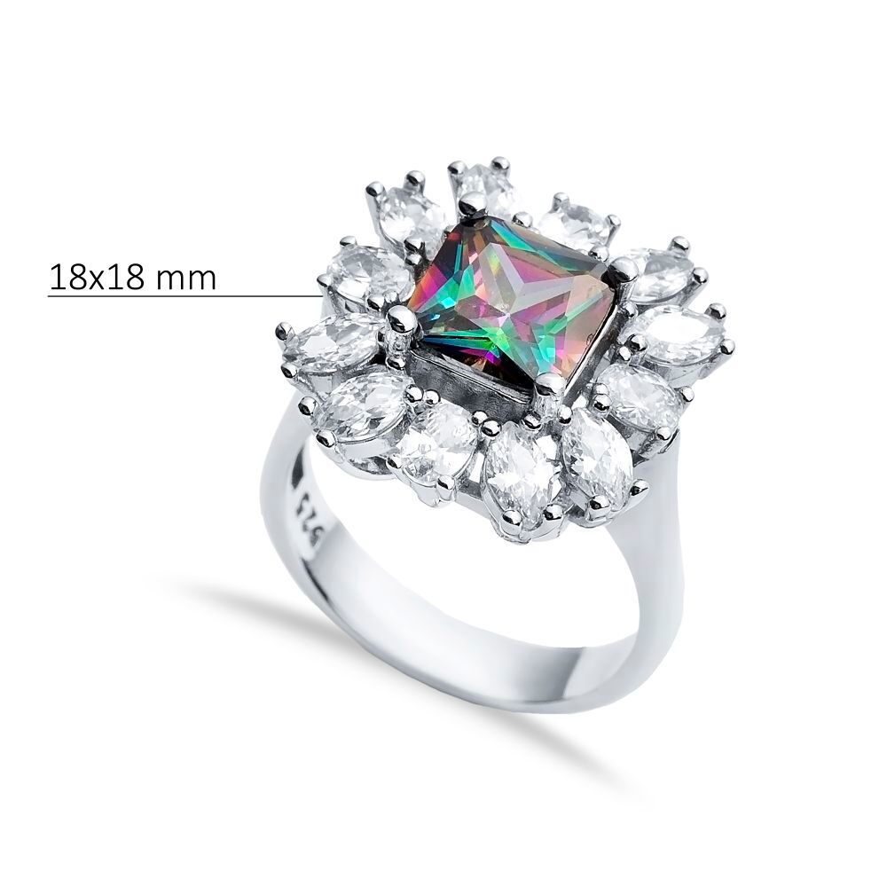 Rectangle Mystic Topaz CZ Stone 925 Silver Cluster Ring