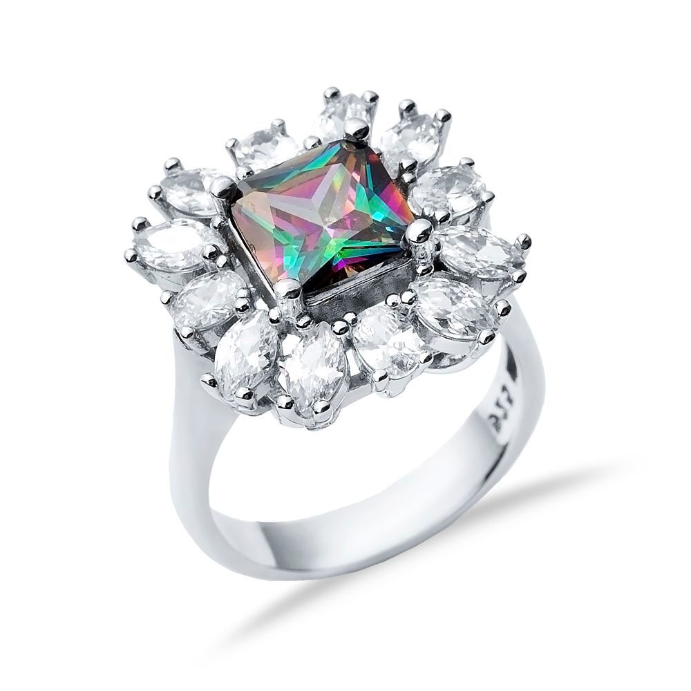 Rectangle Mystic Topaz CZ Stone 925 Silver Cluster Ring