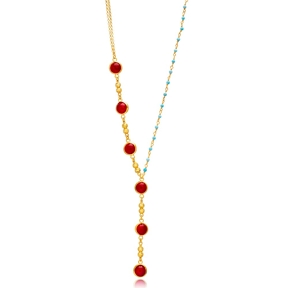 Red and Turquoise Quartz Y Design Bezel Silver Charm Necklace