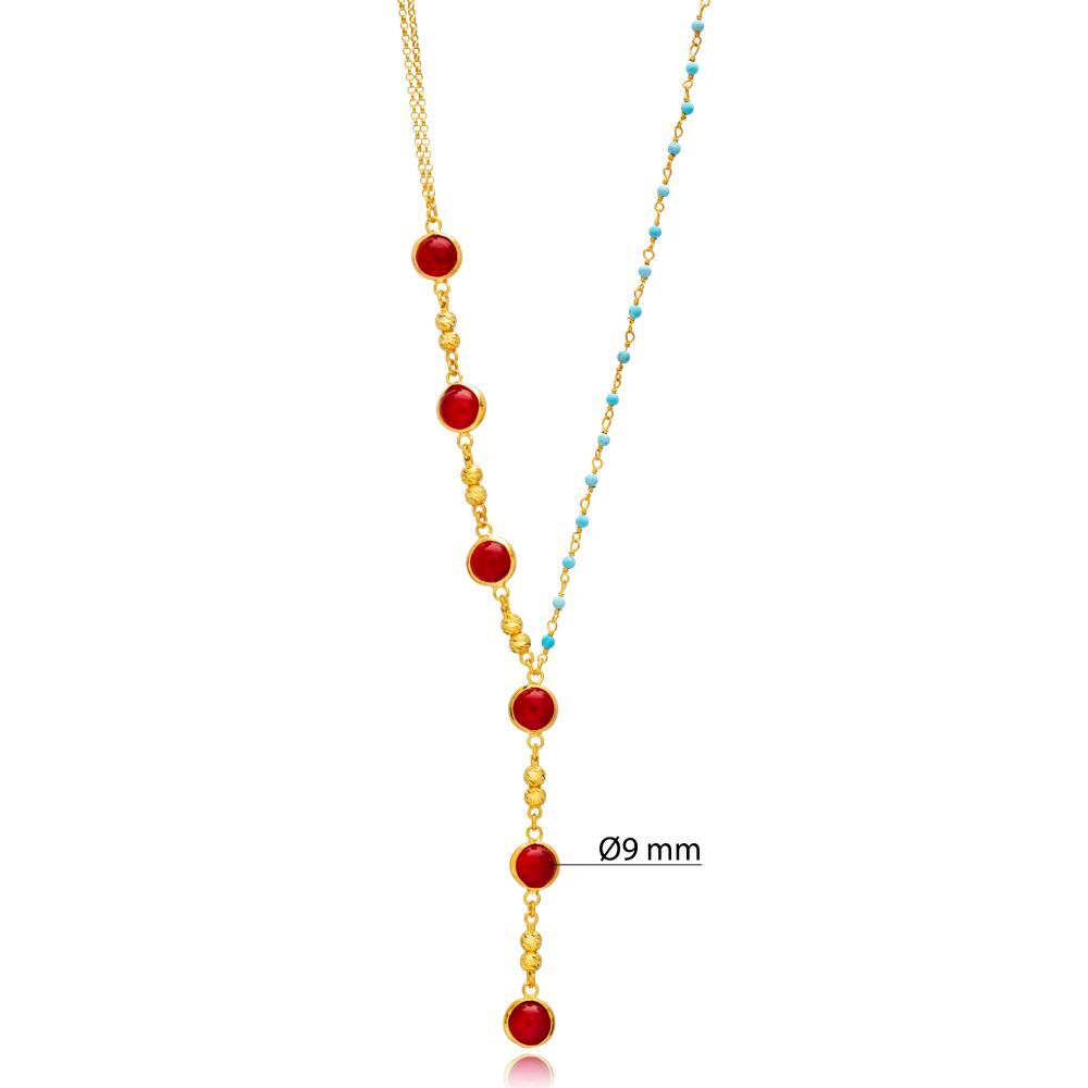 Red and Turquoise Quartz Y Design Bezel Silver Charm Necklace