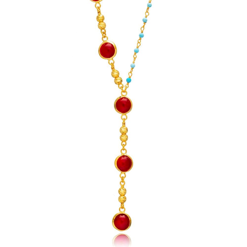 Red and Turquoise Quartz Y Design Bezel Silver Charm Necklace