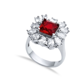 Rectangle Garnet CZ Stone Wholesale 925 Silver Cluster Ring
