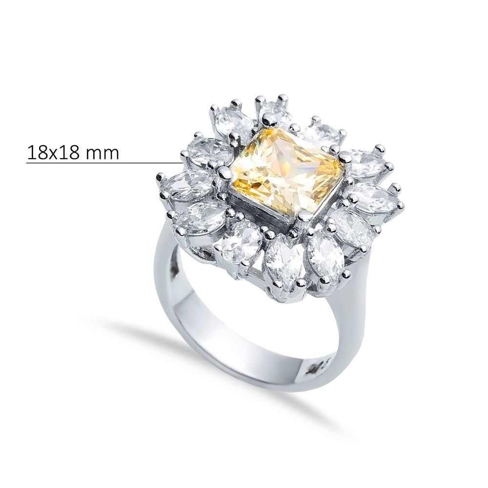 Rectangle Citrine CZ Stone Wholesale 925 Silver Cluster Ring