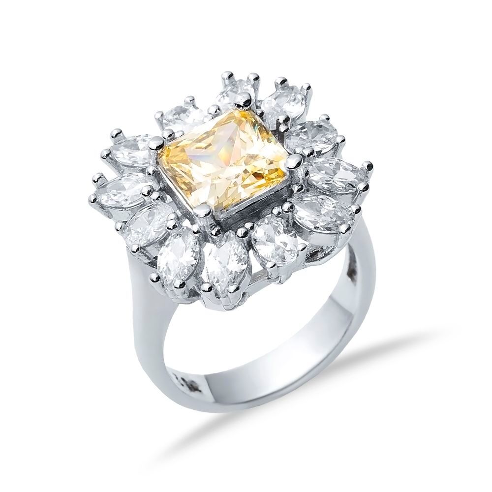 Rectangle Citrine CZ Stone Wholesale 925 Silver Cluster Ring