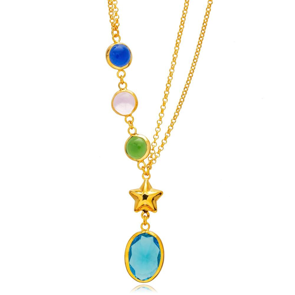 Star Charm Colorful Quartz Gold Bezel 925 Silver Necklace