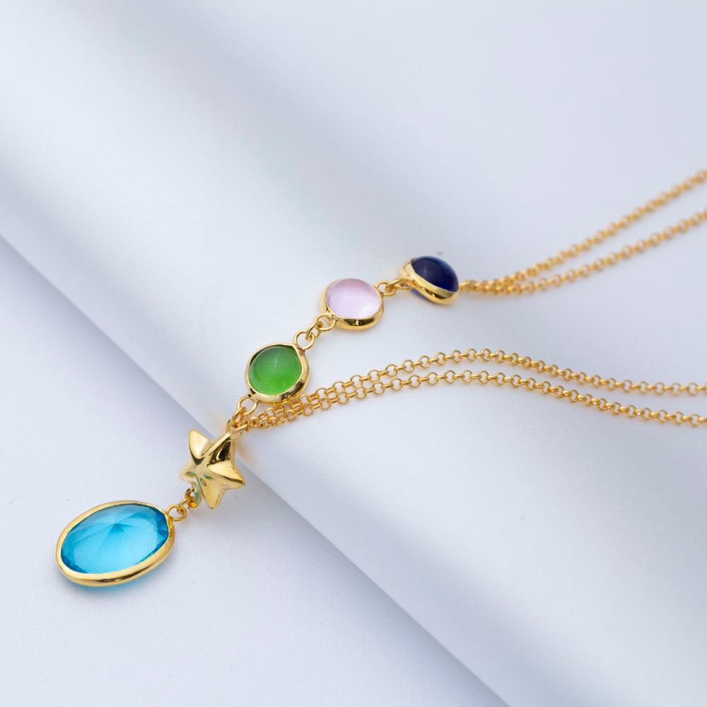 Star Charm Colorful Quartz Gold Bezel 925 Silver Necklace