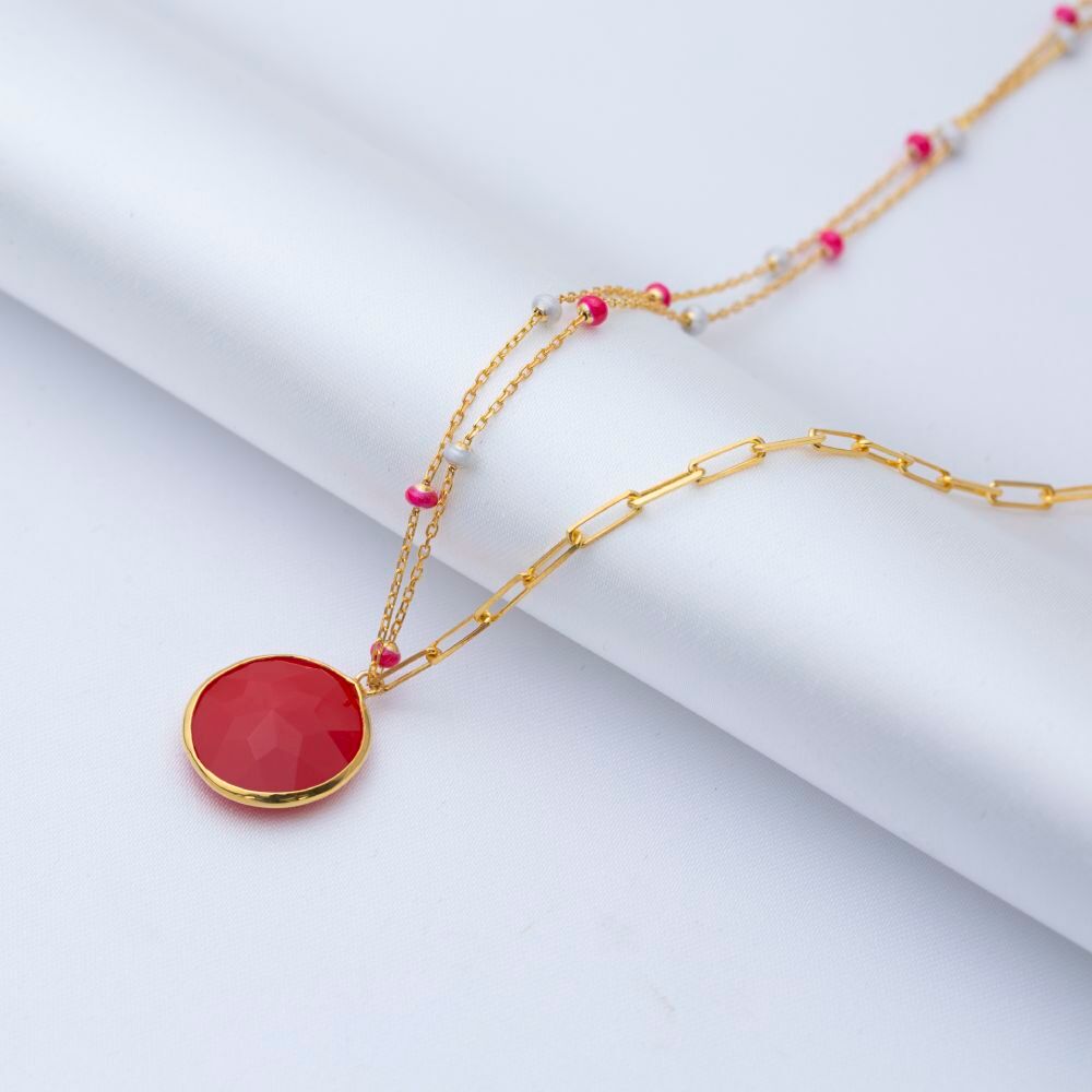 Round Garnet Quartz Pink Enamel Gold Bezel Silver Necklace