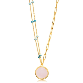 Round Pink Quartz Turquoise Enamel Gold Bezel Silver Necklace