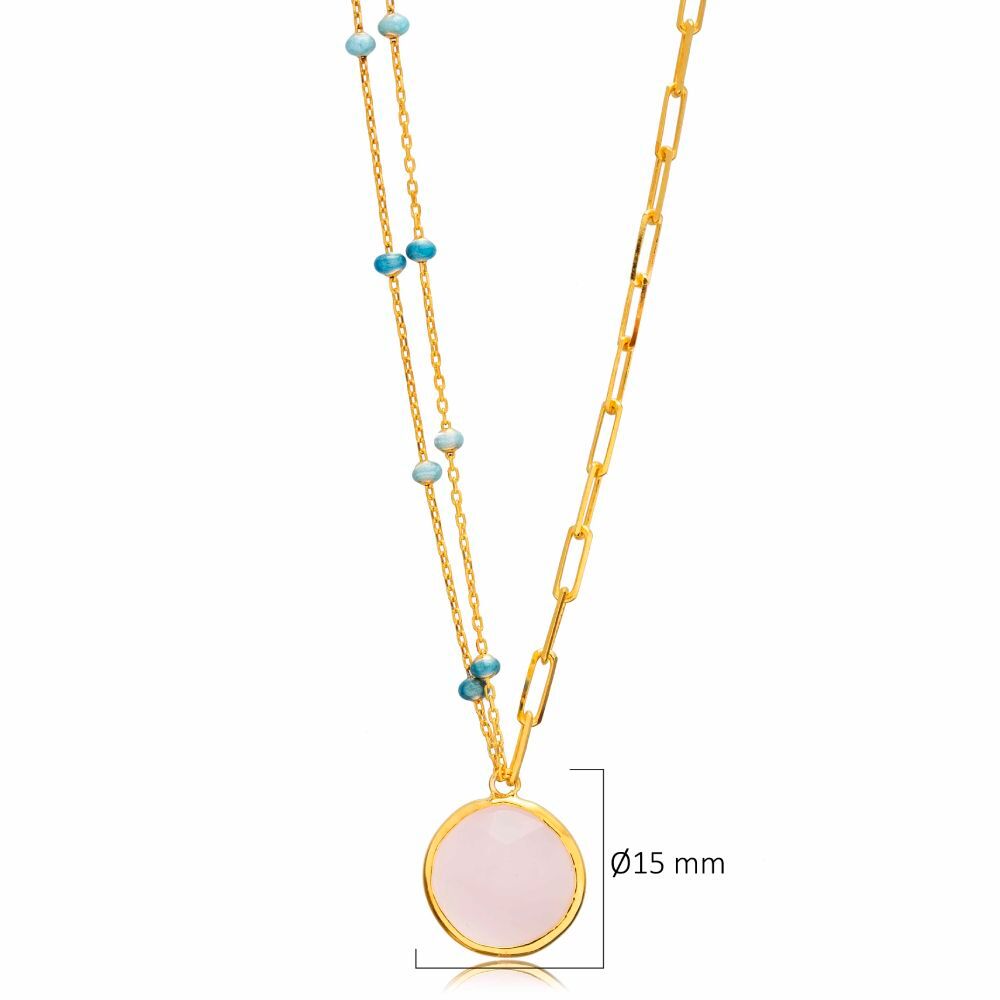 Round Pink Quartz Turquoise Enamel Gold Bezel Silver Necklace