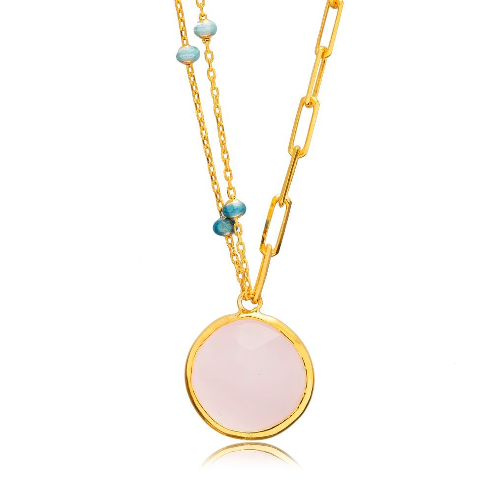 Round Pink Quartz Turquoise Enamel Gold Bezel Silver Necklace