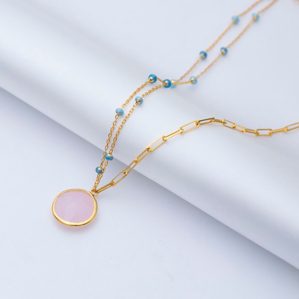 Round Pink Quartz Turquoise Enamel Gold Bezel Silver Necklace