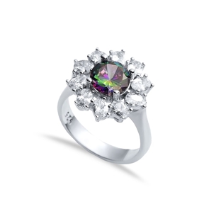 Round Mystic Topaz CZ Stone 925 Silver Cluster Ring