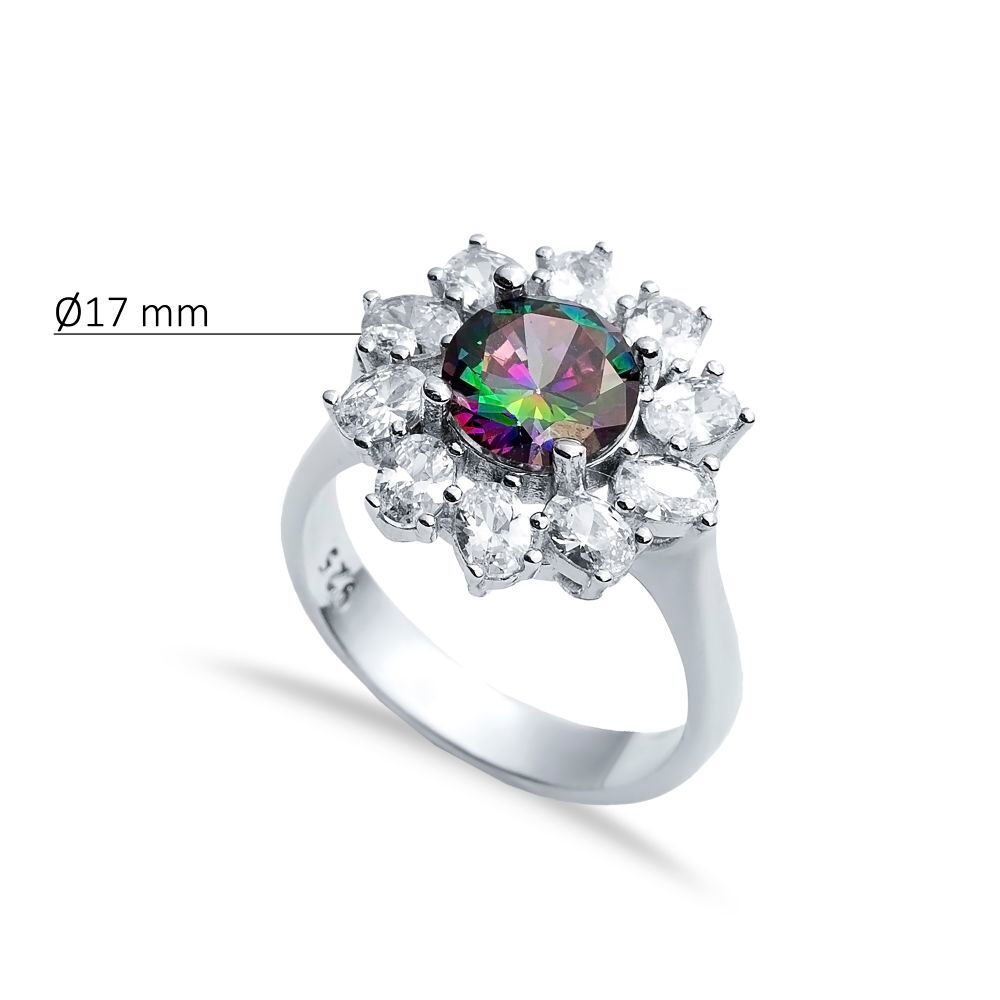 Round Mystic Topaz CZ Stone 925 Silver Cluster Ring