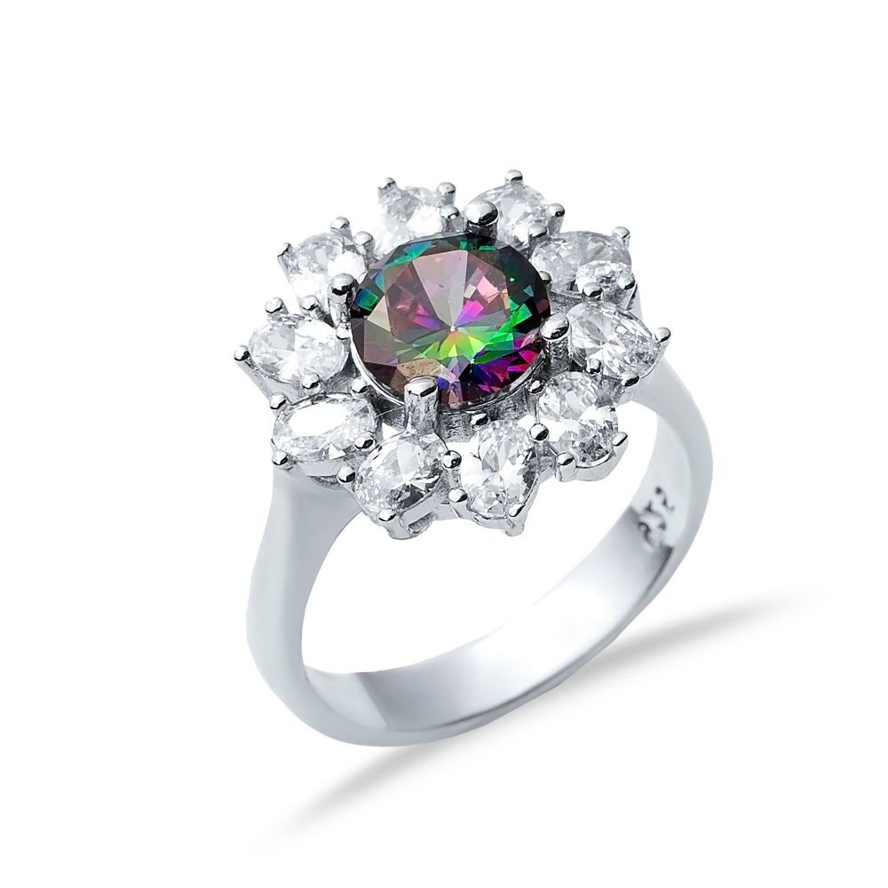 Round Mystic Topaz CZ Stone 925 Silver Cluster Ring