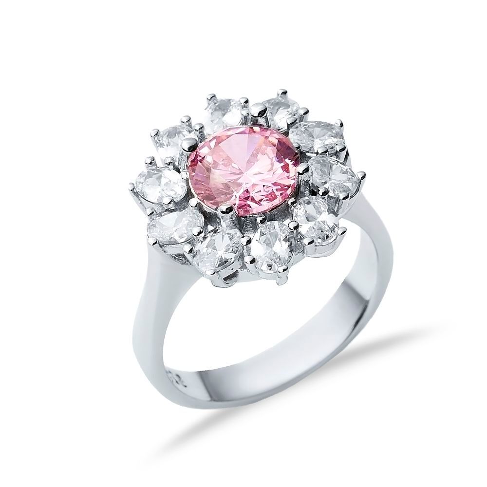 Round Pink CZ Stone Wholesale 925 Silver Cluster Ring