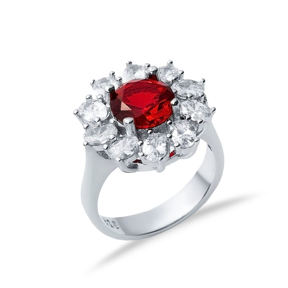 Round Garnet CZ Stone Wholesale 925 Silver Cluster Ring