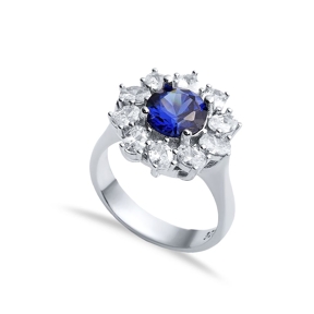 Round Sapphire CZ Stone Wholesale 925 Silver Cluster Ring