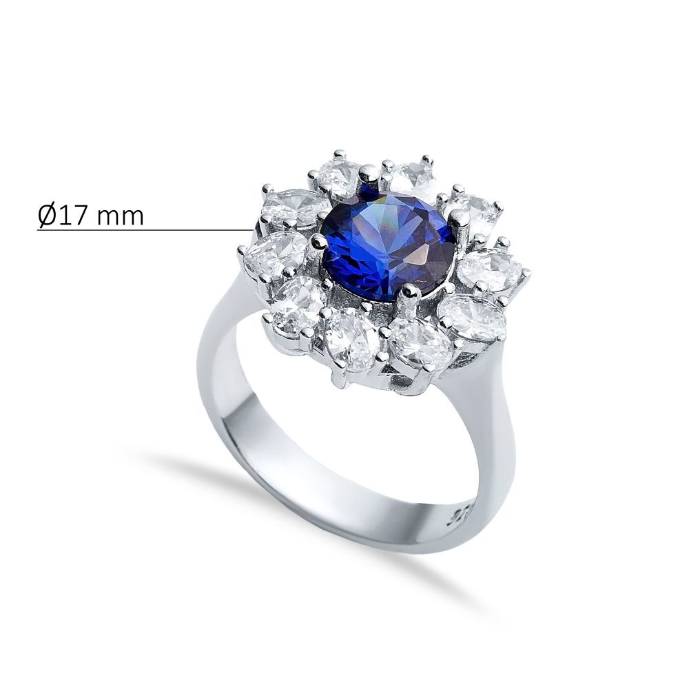 Round Sapphire CZ Stone Wholesale 925 Silver Cluster Ring