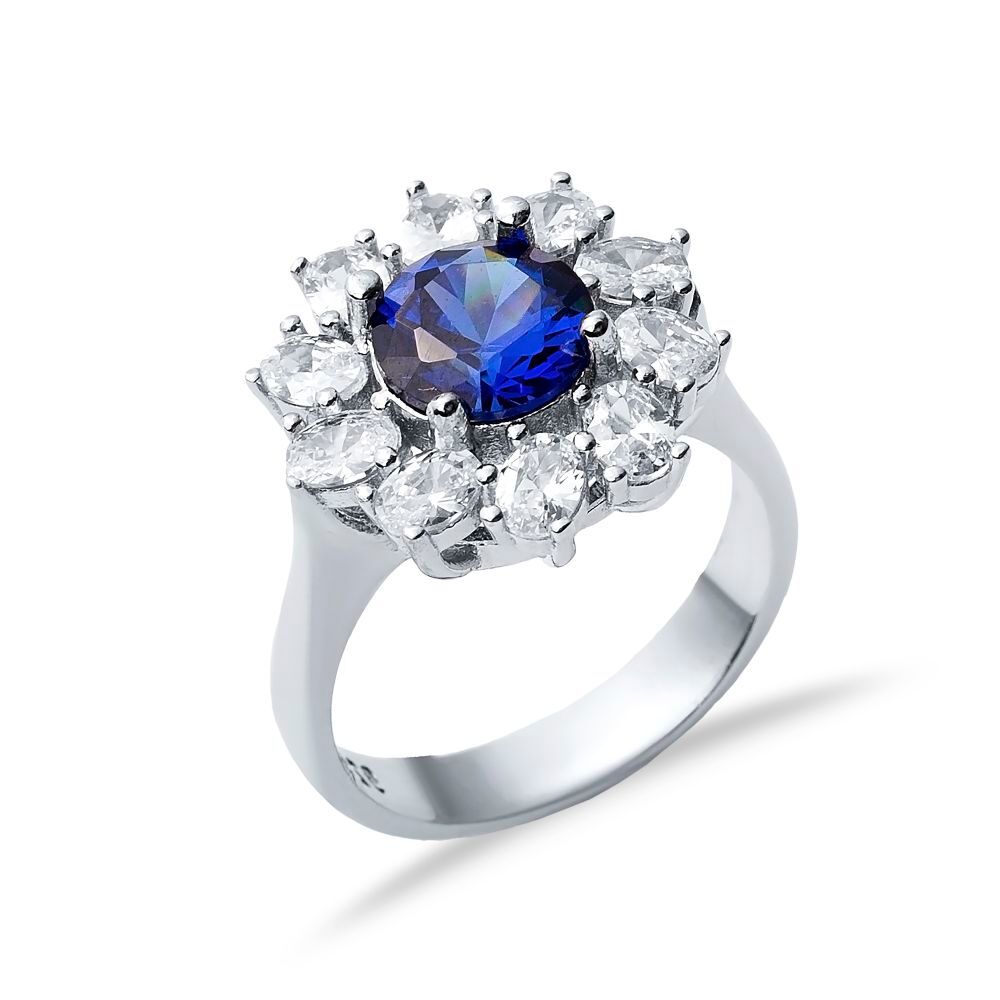 Round Sapphire CZ Stone Wholesale 925 Silver Cluster Ring