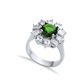 Round Emerald CZ Stone Wholesale 925 Silver Cluster Ring