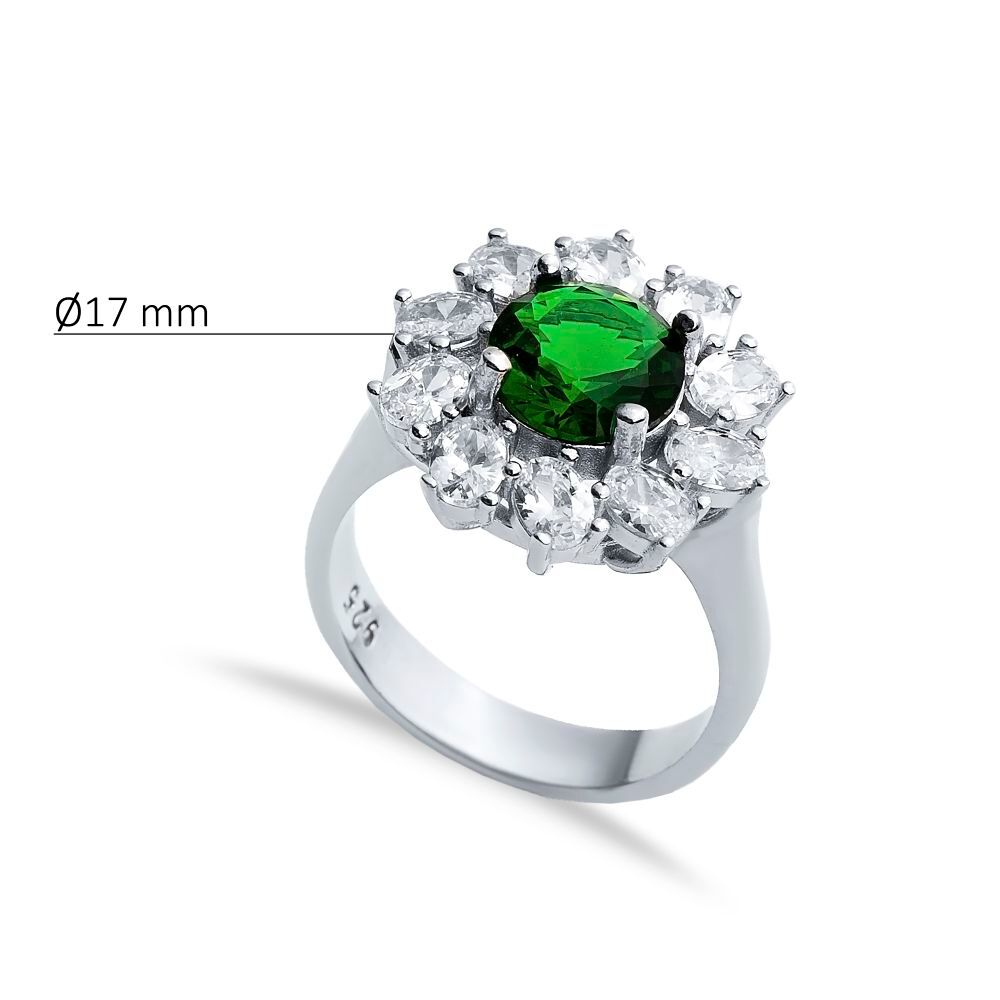 Round Emerald CZ Stone Wholesale 925 Silver Cluster Ring