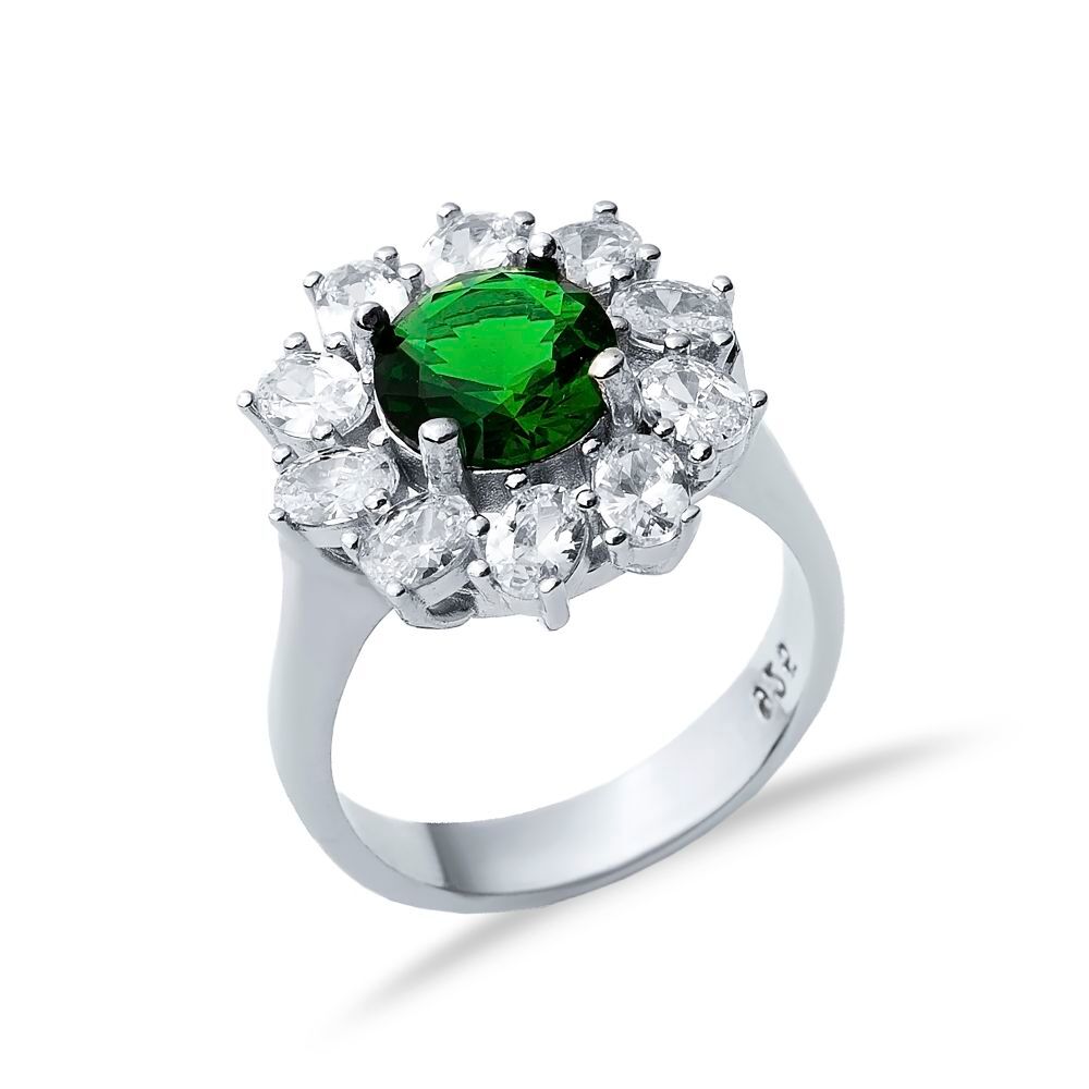 Round Emerald CZ Stone Wholesale 925 Silver Cluster Ring