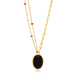 Oval Black Quartz Pink Enamel Gold Bezel Silver Necklace