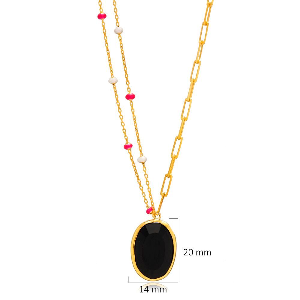 Oval Black Quartz Pink Enamel Gold Bezel Silver Necklace