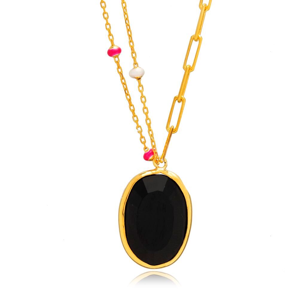 Oval Black Quartz Pink Enamel Gold Bezel Silver Necklace