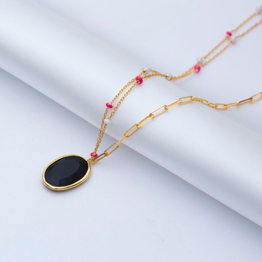 Oval Black Quartz Pink Enamel Gold Bezel Silver Necklace