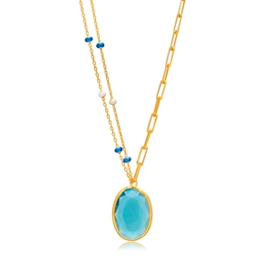 Oval Aquamarine Quartz Blue Enamel Gold Bezel Silver Necklace