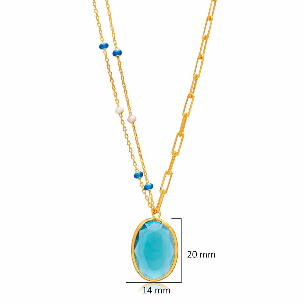 Oval Aquamarine Quartz Blue Enamel Gold Bezel Silver Necklace