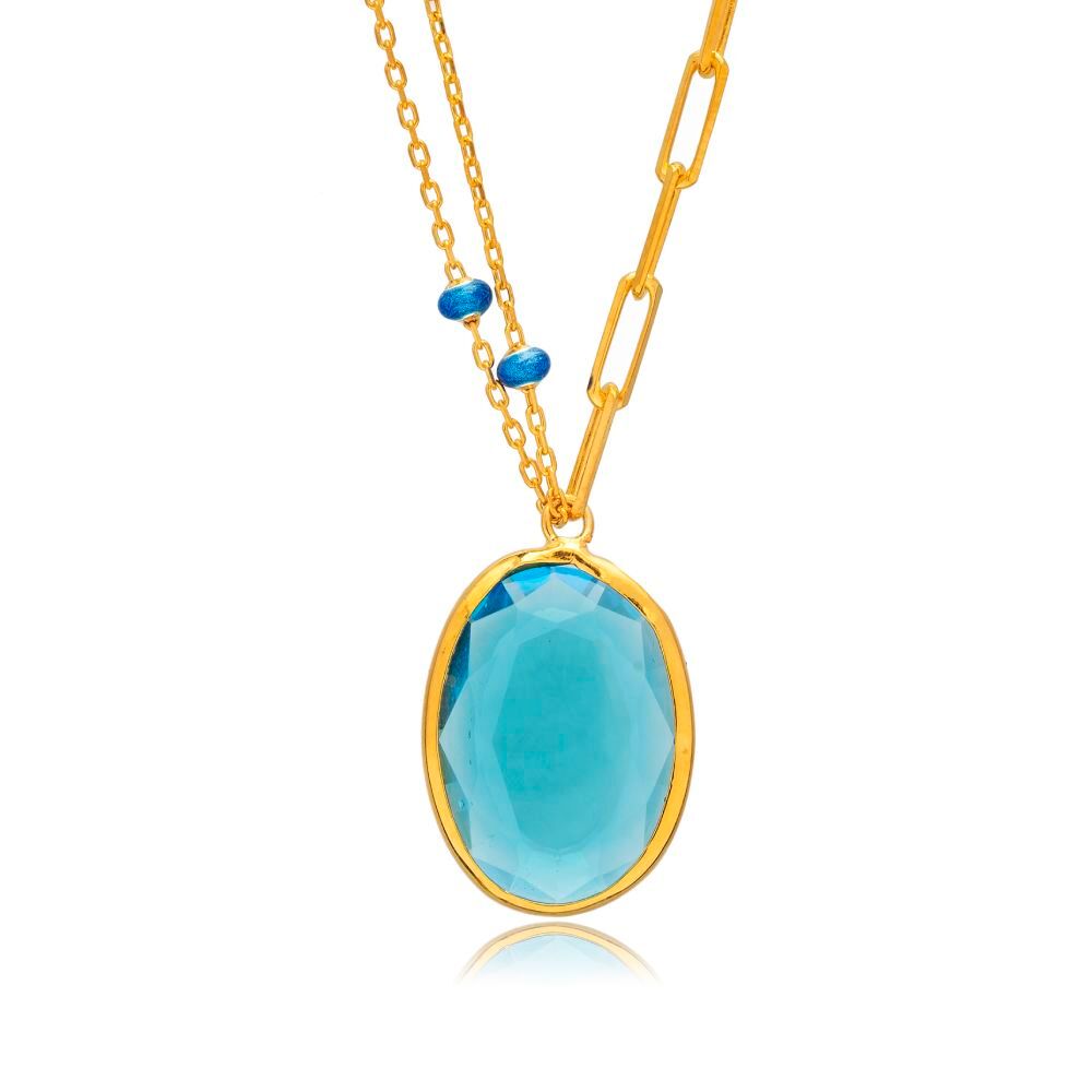 Oval Aquamarine Quartz Blue Enamel Gold Bezel Silver Necklace