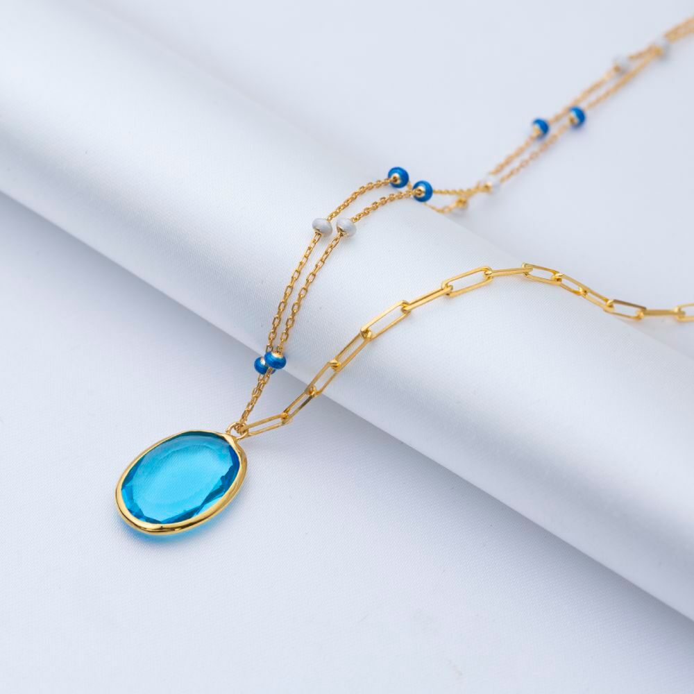 Oval Aquamarine Quartz Blue Enamel Gold Bezel Silver Necklace