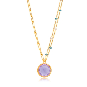 Round Purple Quartz Blue Enamel Gold Bezel Silver Necklace